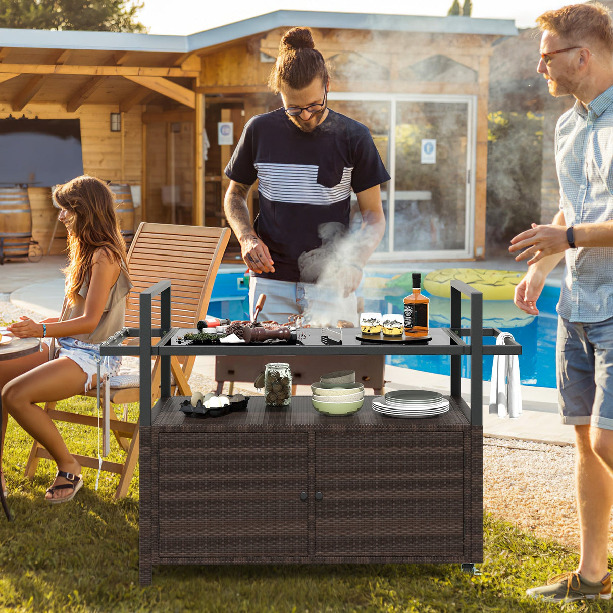 Outdoor Bar Cart Wicker Serving Cart
