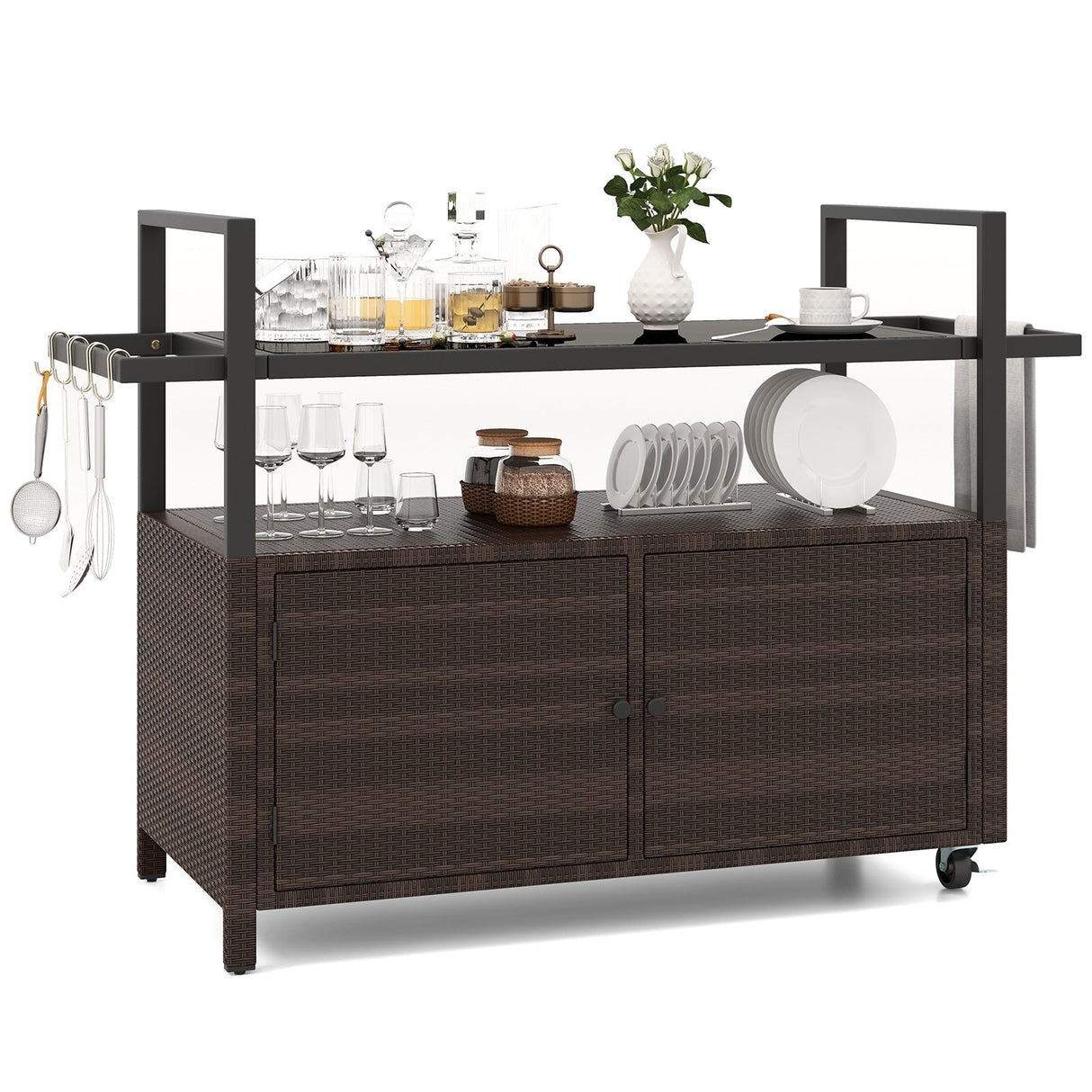 Outdoor Bar Cart Wicker Serving Cart