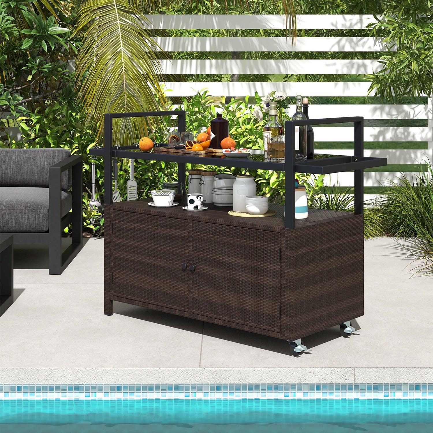 Outdoor Bar Cart Wicker Serving Cart
