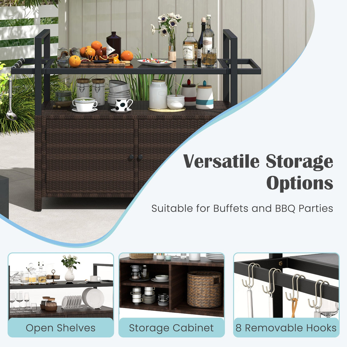 Outdoor Bar Cart Wicker Serving Cart