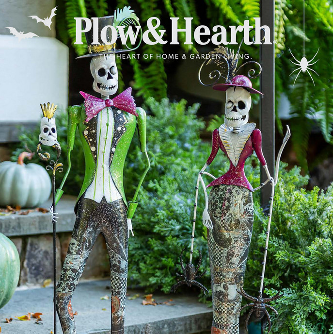 Decorative skeletons with decorative elements on a Plow & Hearth Halloween 2025 catalog cover.