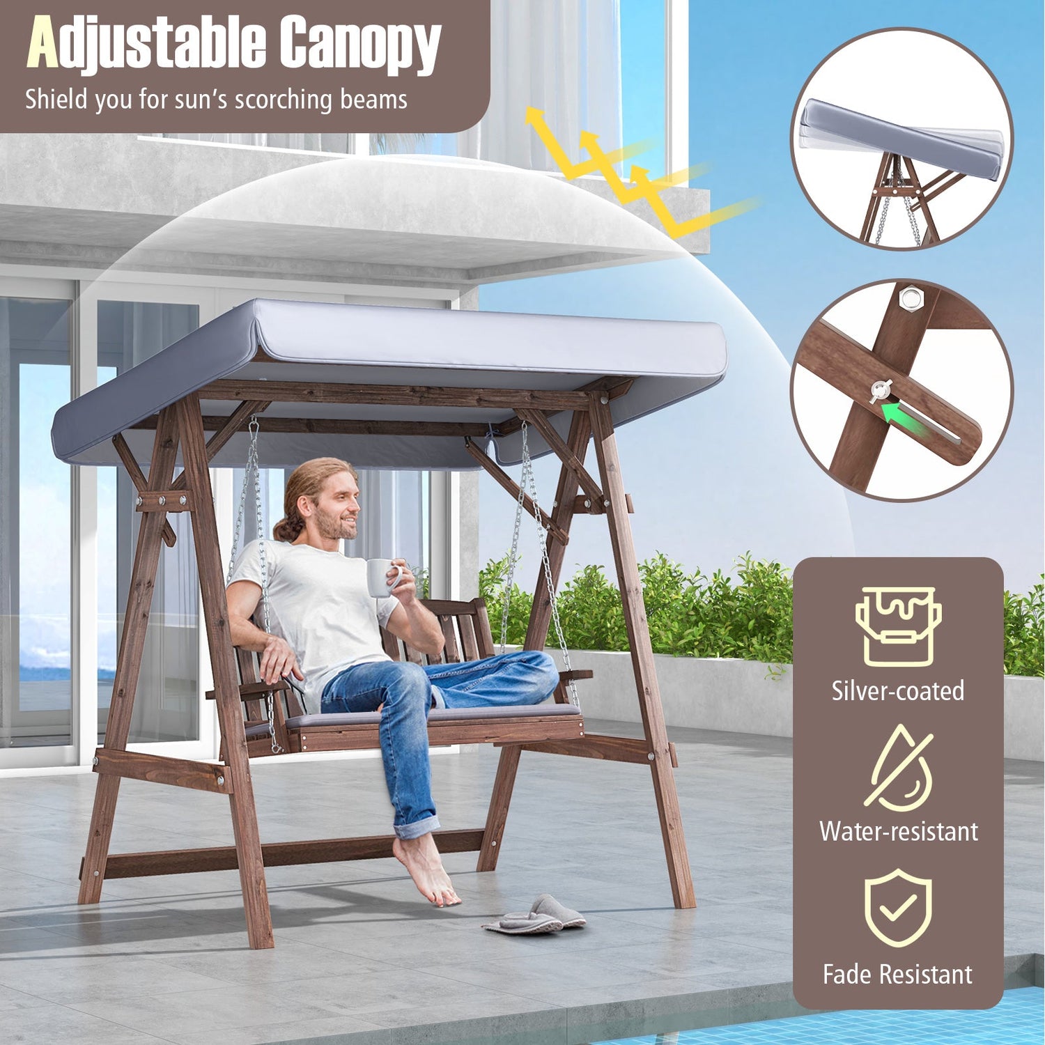 Fir Wood Porch Swing with Stand and Tilt Canopy