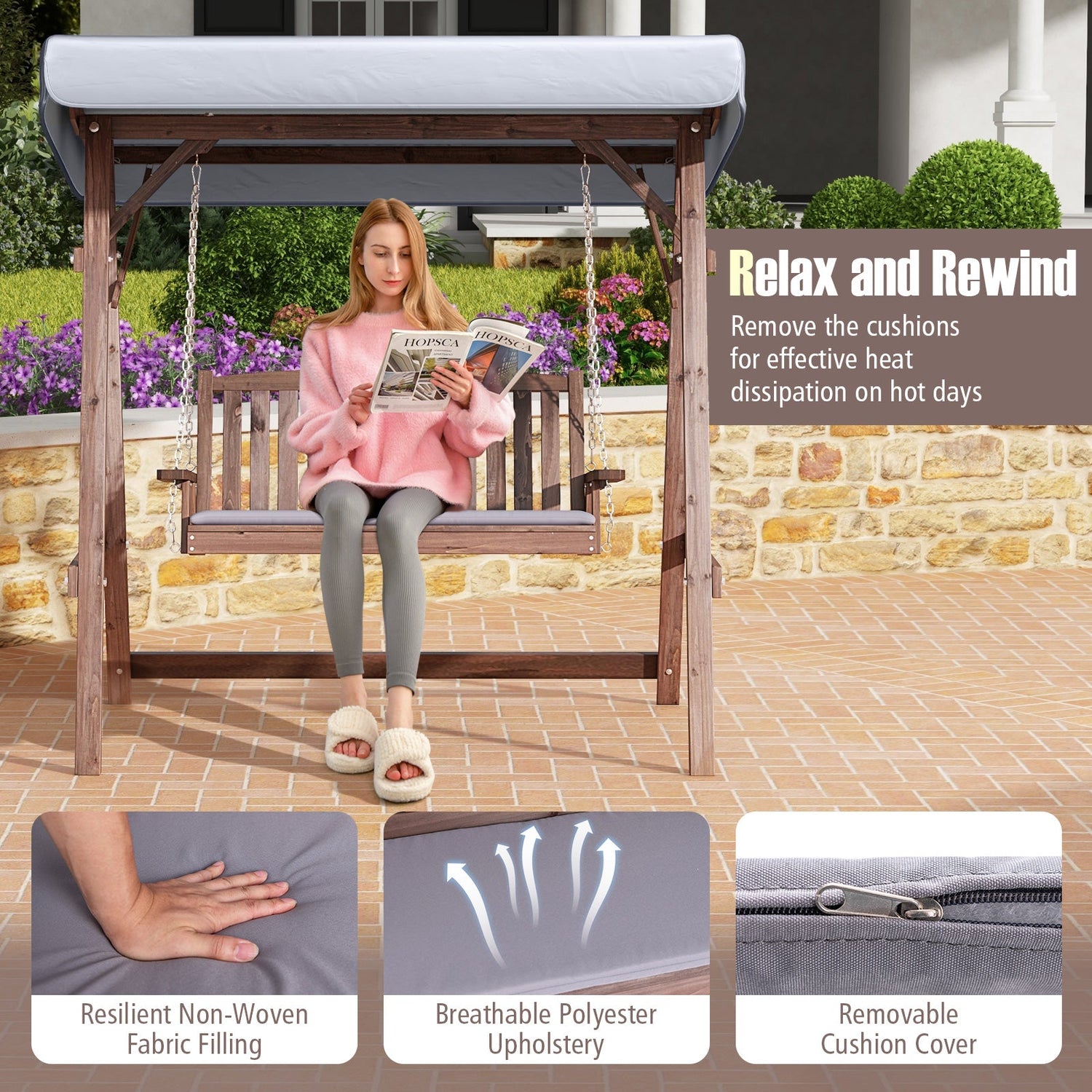 Fir Wood Porch Swing with Stand and Tilt Canopy