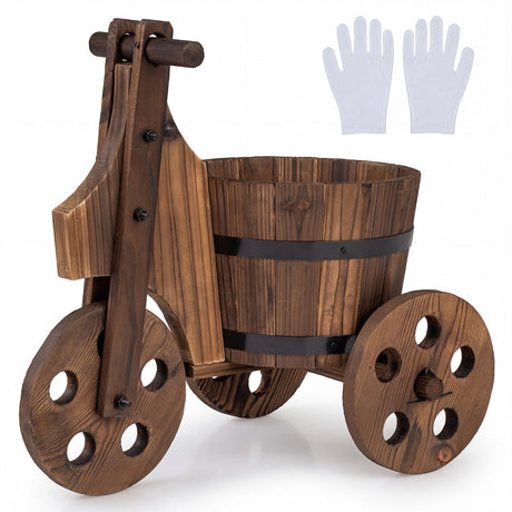 Rustic Wood Tricycle Planter Barrel Flower Pot Cart with Drainage Hole-Coffee