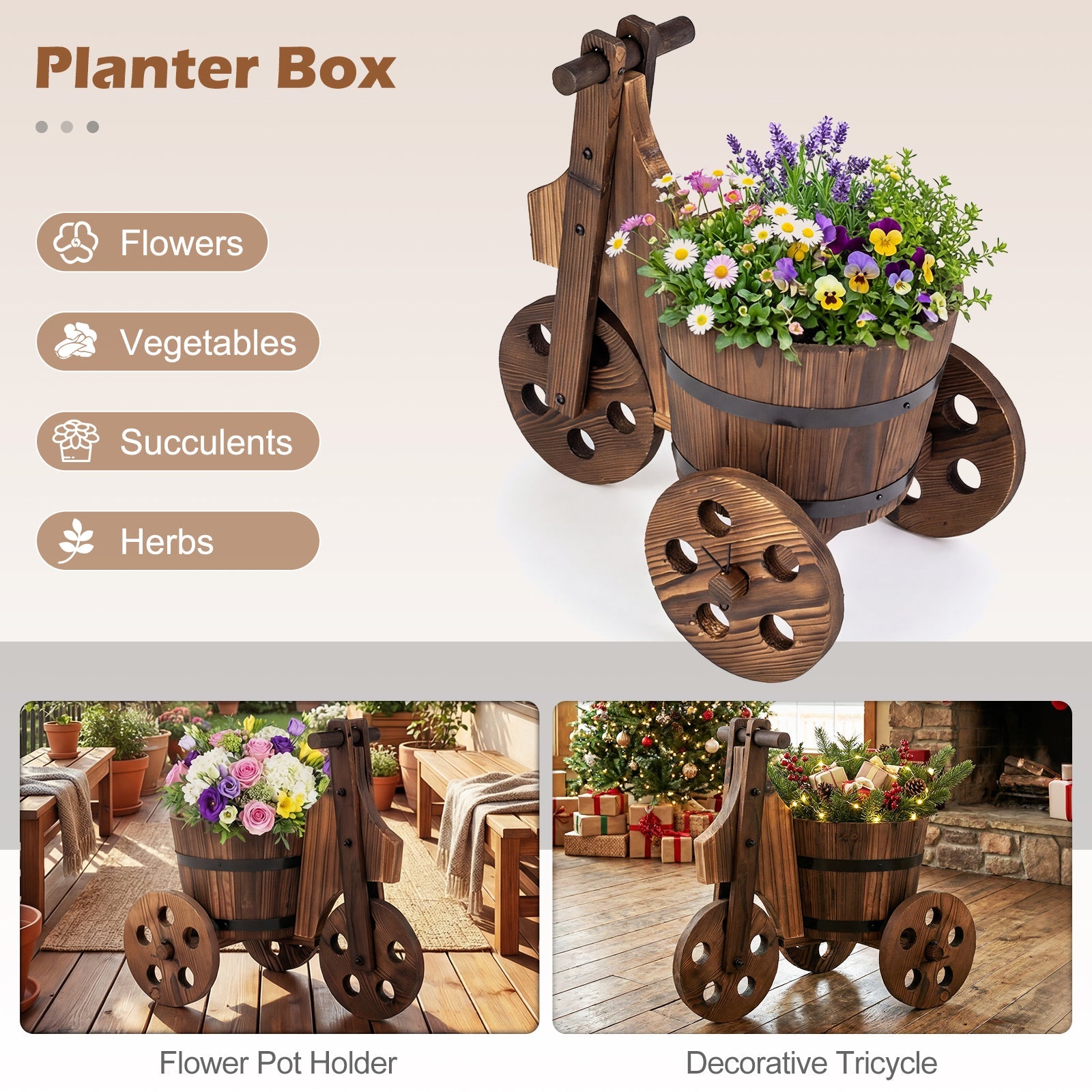 Rustic Wood Tricycle Planter – Plow & Hearth
