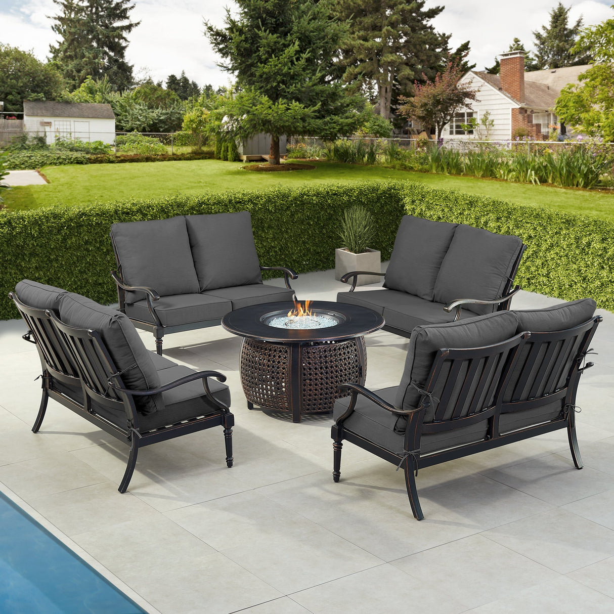 Black Aluminum Fire Table Set with Four Deep Seating Loveseats
