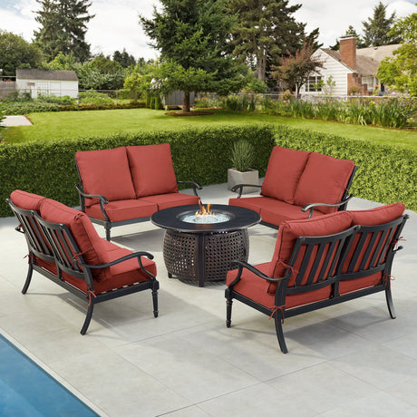 Black Aluminum Fire Table Set with Four Deep Seating Loveseats