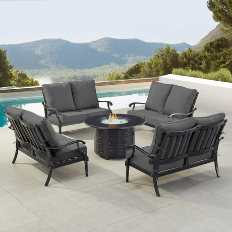 Black Aluminum Fire Table Set with Four Deep Seating Loveseats