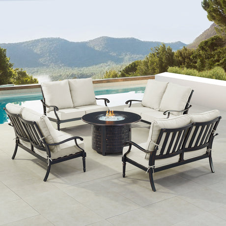 Black Aluminum Fire Table Set with Four Deep Seating Loveseats