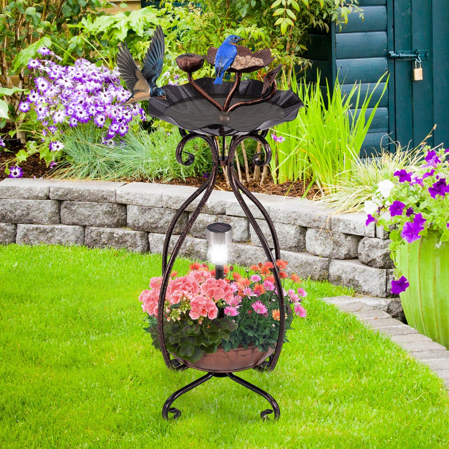 Solar Outdoor Bird Bath Feeder/Planter Combo