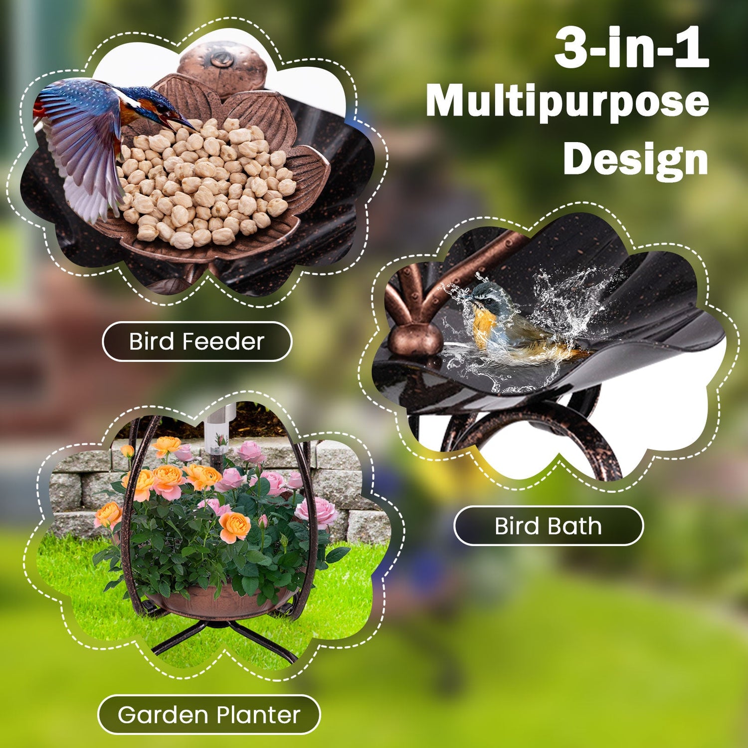 Solar Outdoor Bird Bath Feeder/Planter Combo