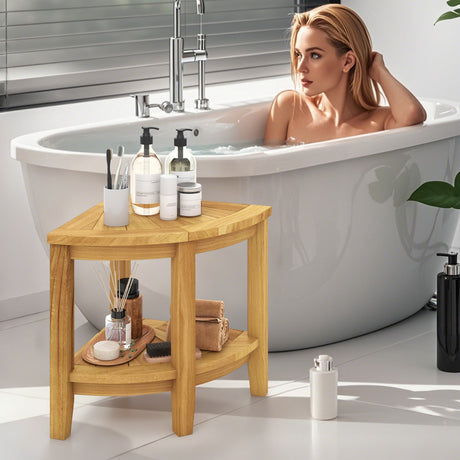Teak Wood Shower Bench with Storage Shelf