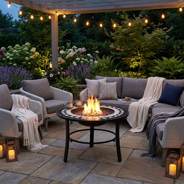 Round fire pit table with black and white mosaic design on a white background