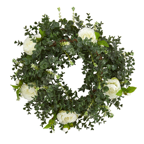 Eucalyptus and Camellia Artificial Wreath, 18”