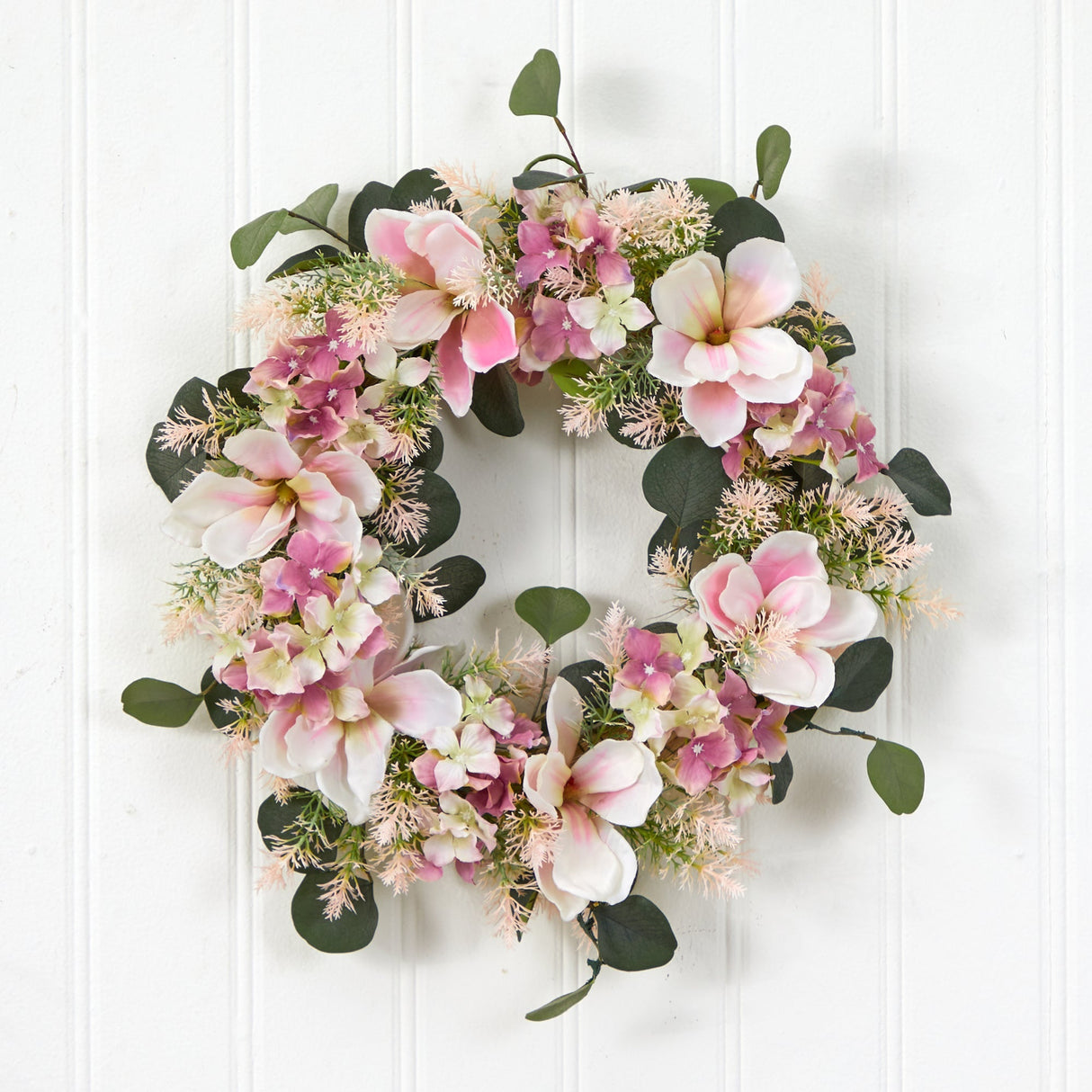 Hydrangea and Magnolia Artificial Wreath, 20”
