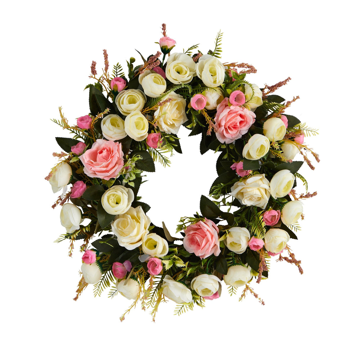 White & Pink Rose Artificial Wreath, 20”