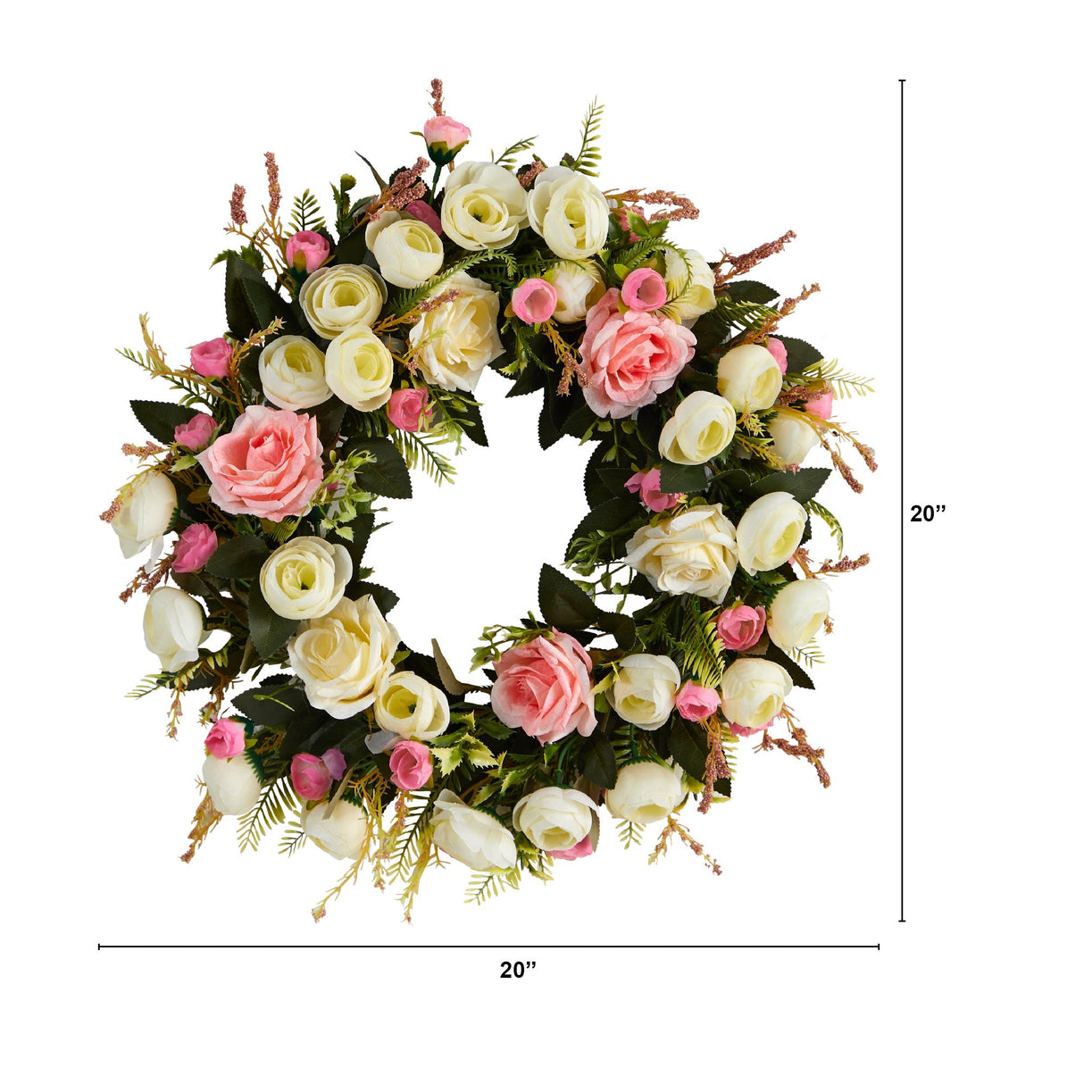 White & Pink Rose Artificial Wreath, 20”