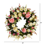 White & Pink Rose Artificial Wreath, 20”