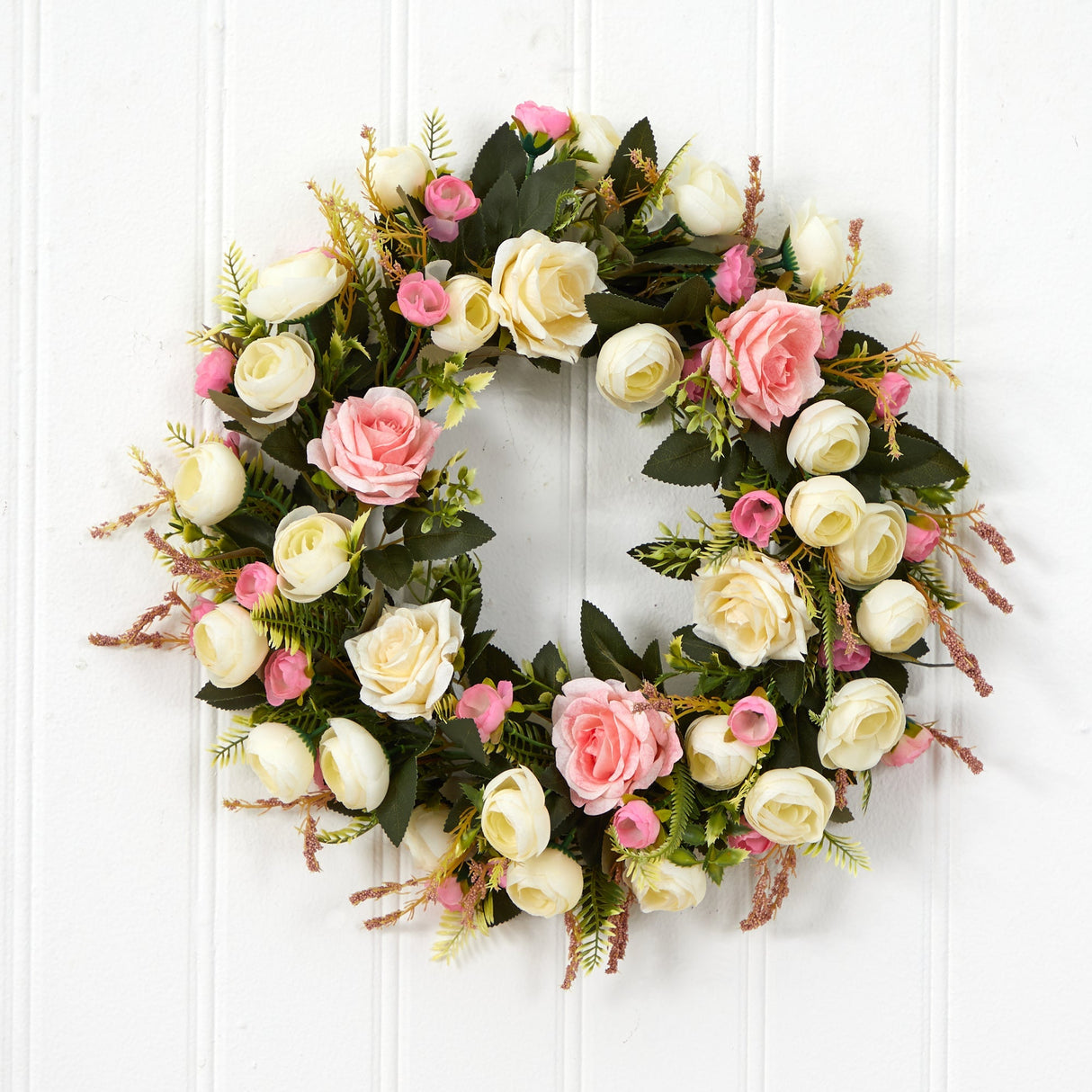 White & Pink Rose Artificial Wreath, 20”