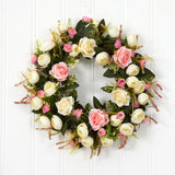 White & Pink Rose Artificial Wreath, 20”