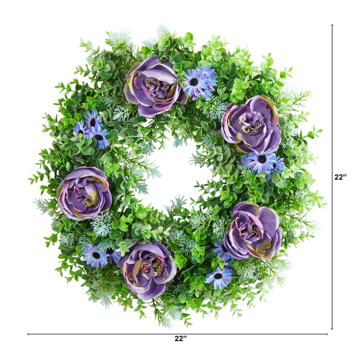 Purple Rose, Blue Daisy and Greens Artificial Wreath, 22”