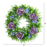 Purple Rose, Blue Daisy and Greens Artificial Wreath, 22”