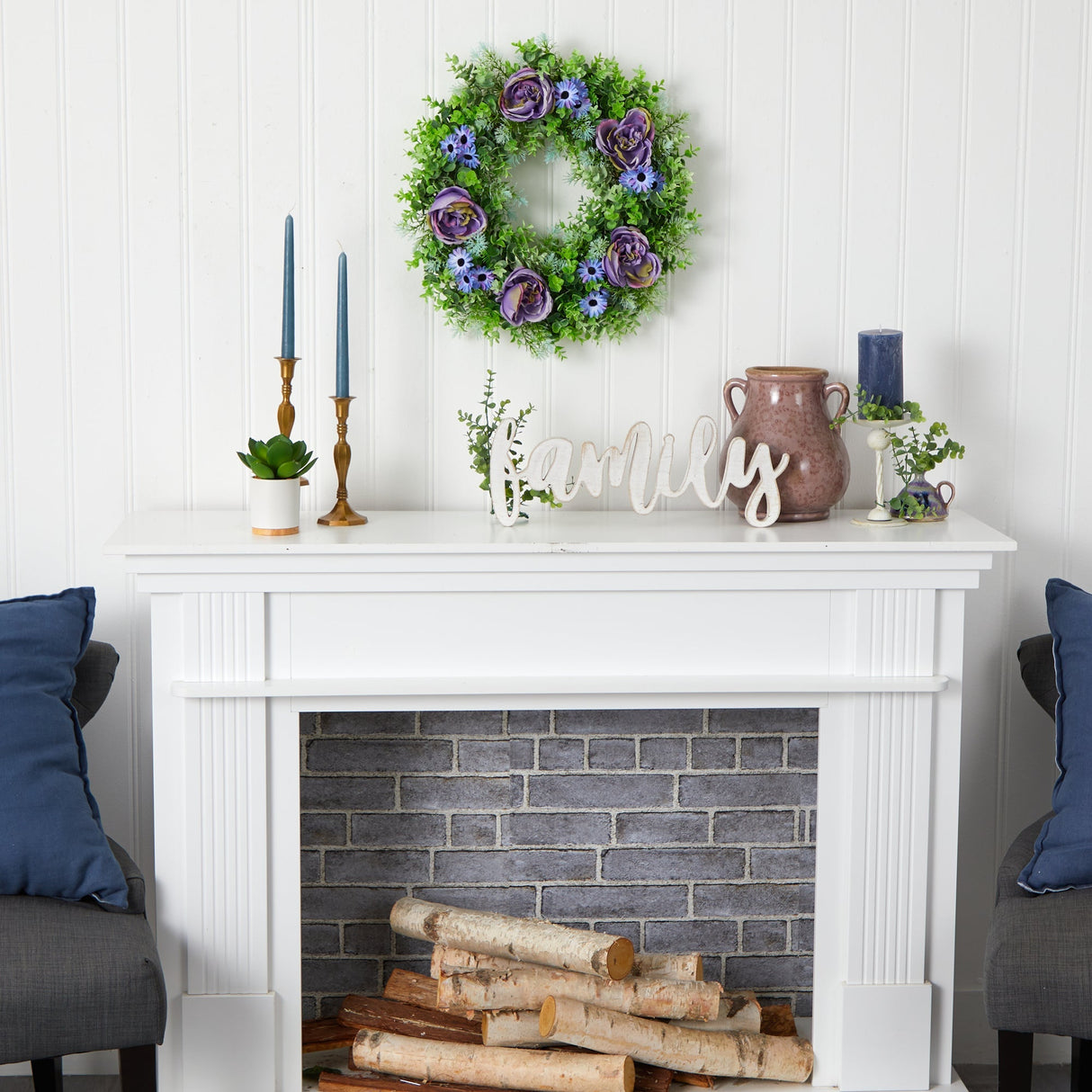 Purple Rose, Blue Daisy and Greens Artificial Wreath, 22”