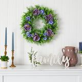 Purple Rose, Blue Daisy and Greens Artificial Wreath, 22”