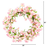 Artificial Pink Cherry Blossom Wreath, 30”