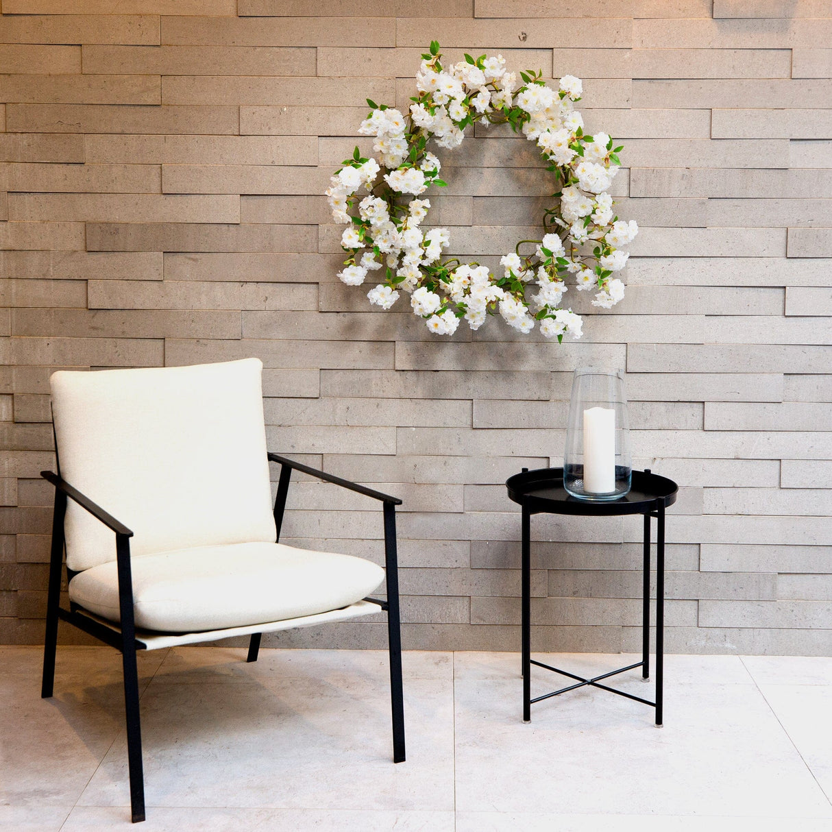 White Cherry Blossom Artificial Wreath, 30”