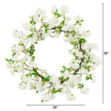 White Cherry Blossom Artificial Wreath, 30”