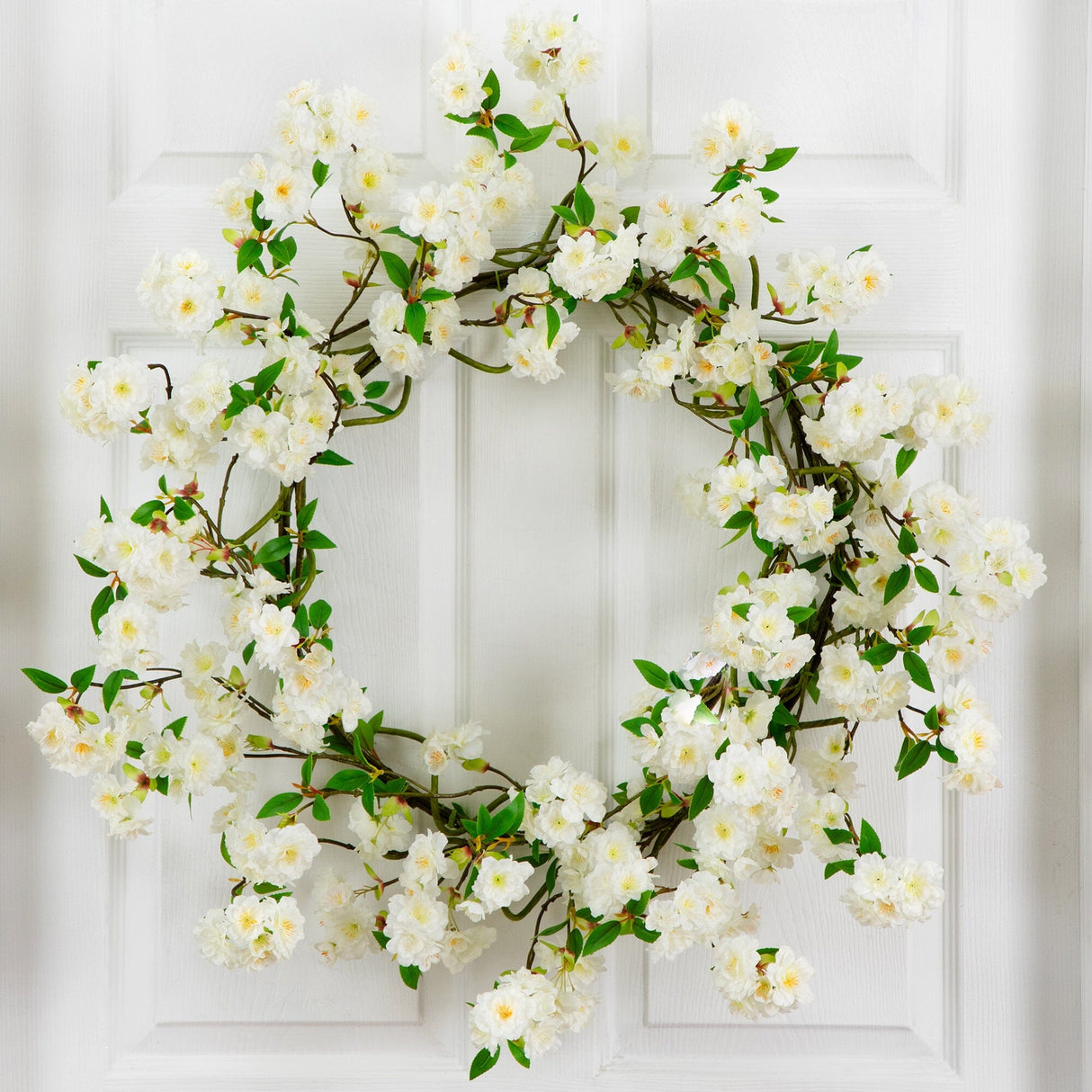 White Cherry Blossom Artificial Wreath, 30”