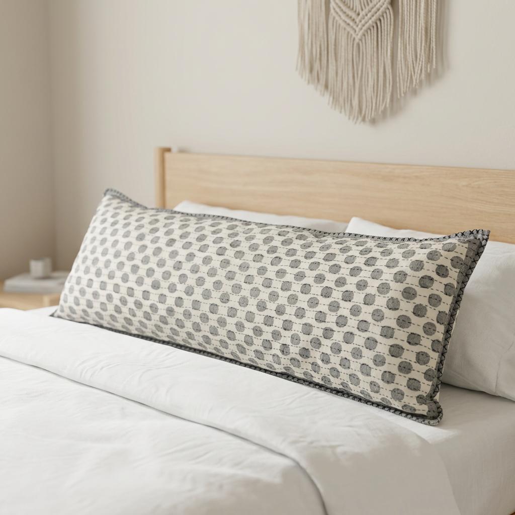 Artisan Hand Loomed Cotton Lumbar Pillow, Gray Dots
