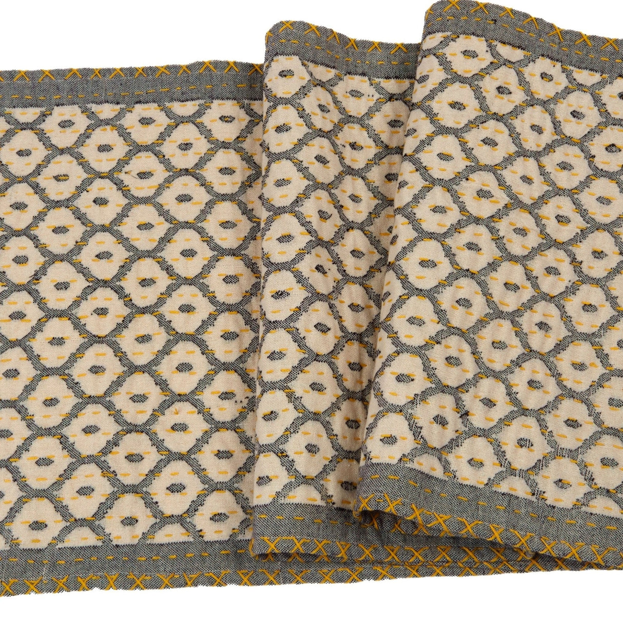 Artisan Hand Loomed Cotton Table Runner - Gray Yellow Stitching - 18"x96"