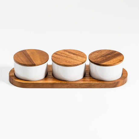 Set of 3 Ceramic Bowls with Acacia Wood Lids and Base – Elegant Kitchenware