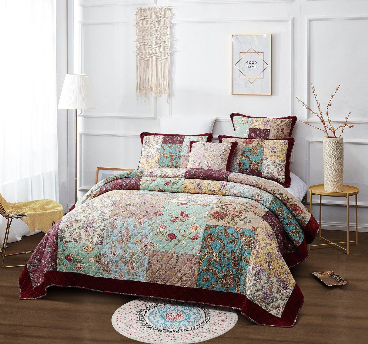 Bohemian Burgundy Paisley Patchwork Cotton Bedspread Set