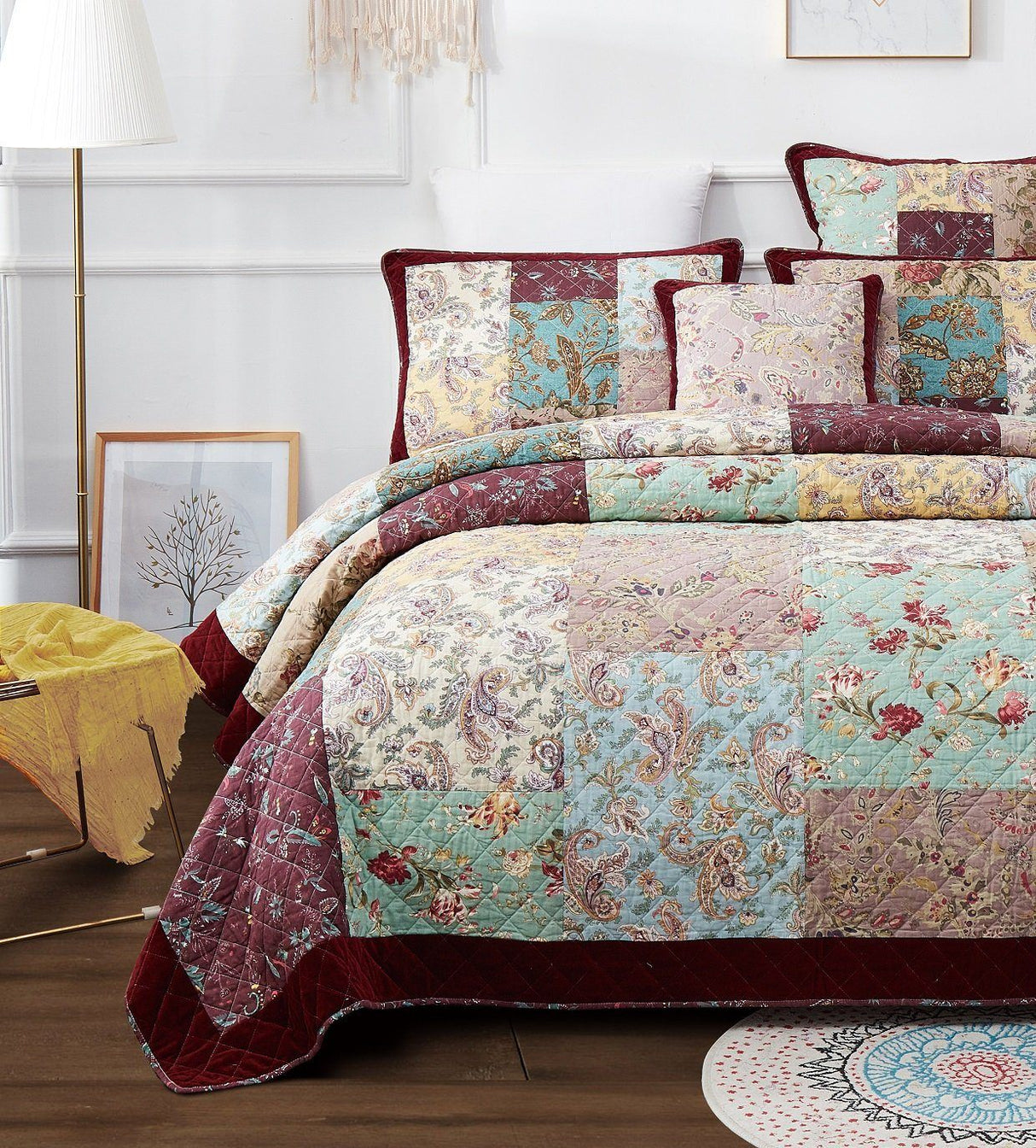 Bohemian Burgundy Paisley Patchwork Cotton Bedspread Set