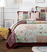 Bohemian Burgundy Paisley Patchwork Cotton Bedspread Set