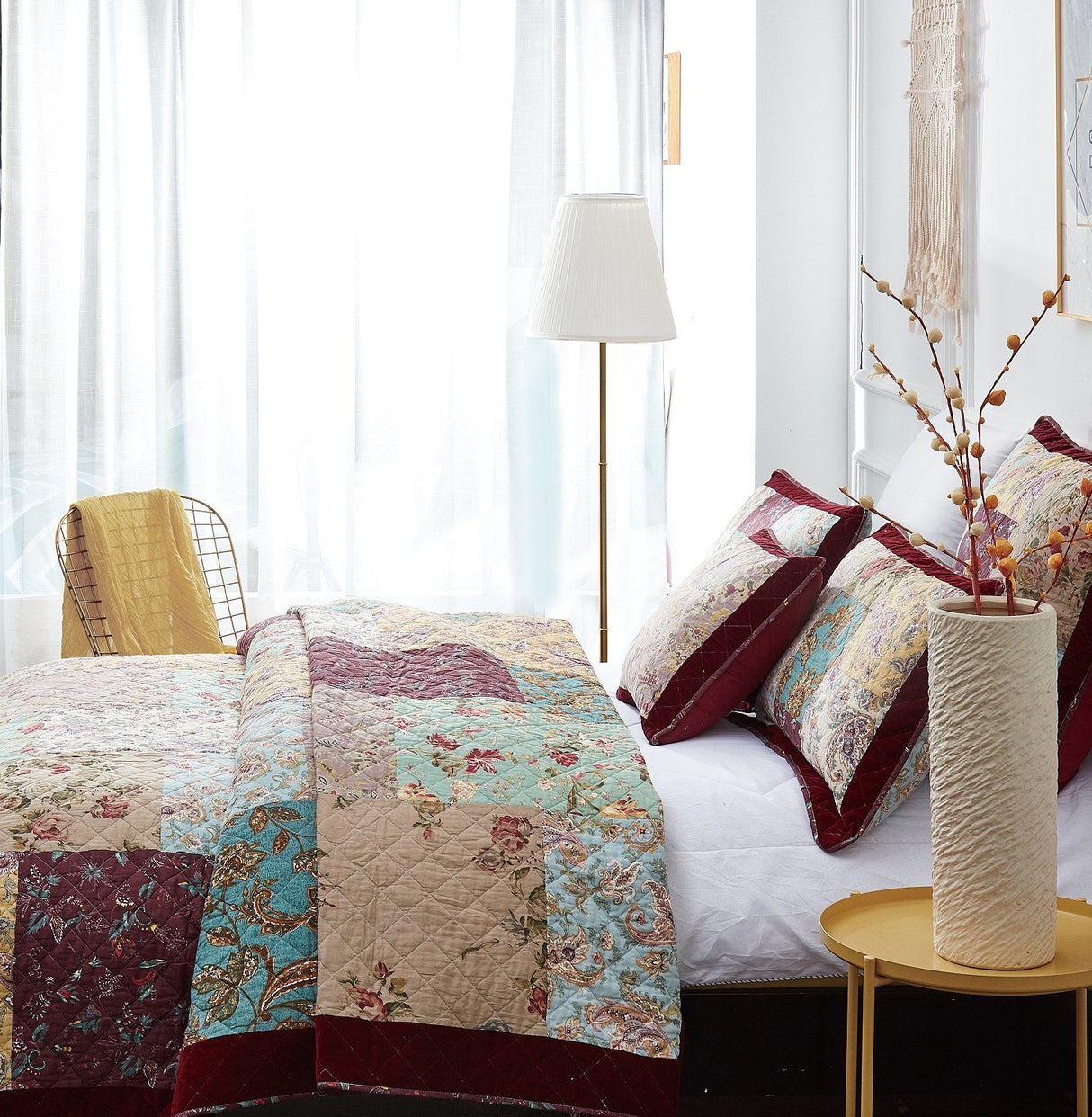 Bohemian Burgundy Paisley Patchwork Cotton Bedspread Set