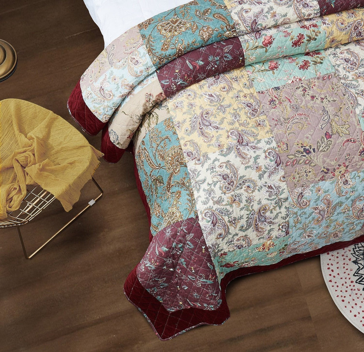 Bohemian Burgundy Paisley Patchwork Cotton Bedspread Set