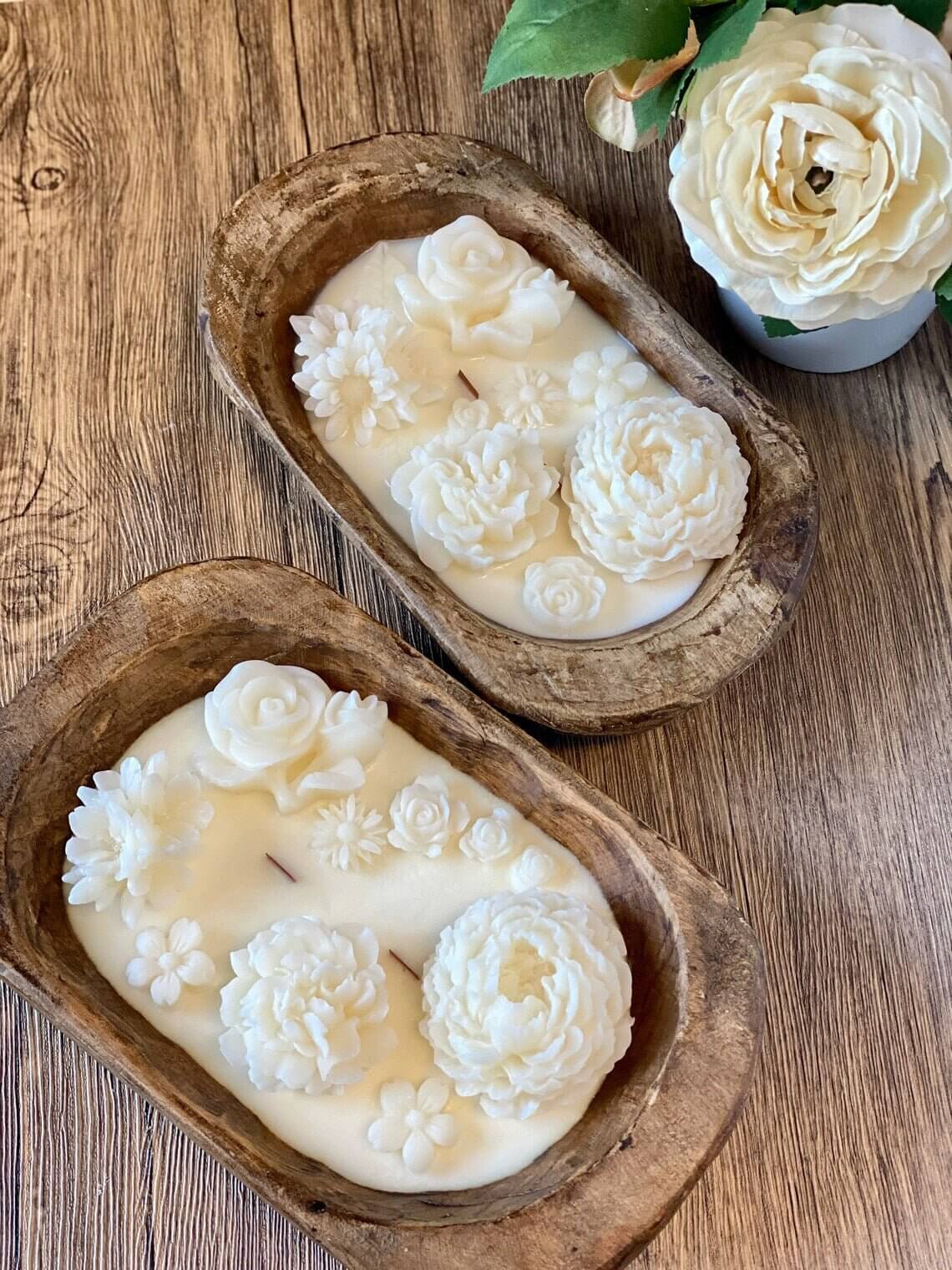 Dough Bowl Candle | Carved Wood Bowl | Floral Candle