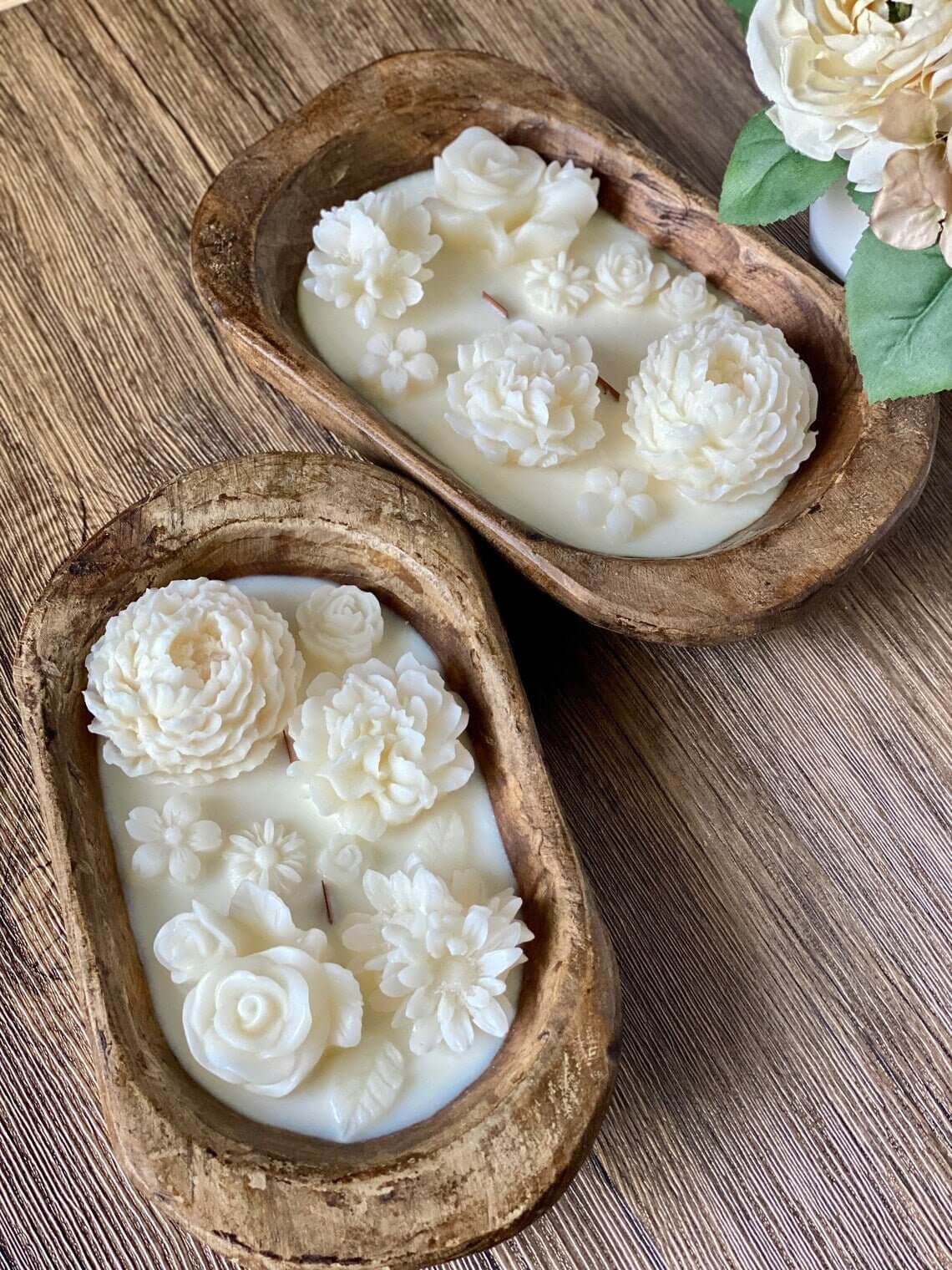 Dough Bowl Candle | Carved Wood Bowl | Floral Candle
