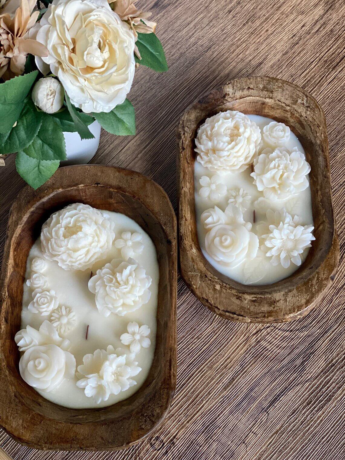 Dough Bowl Candle | Carved Wood Bowl | Floral Candle
