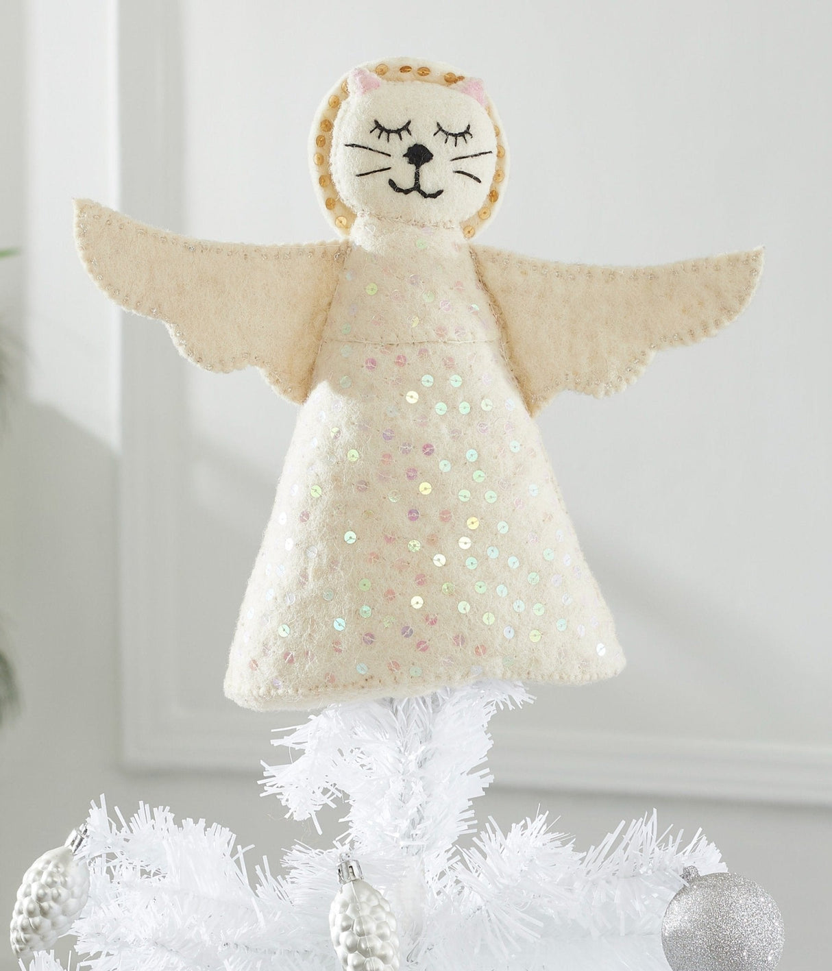 Handmade Cat Angel Felt Christmas Tree Topper Cream Arcadia Home