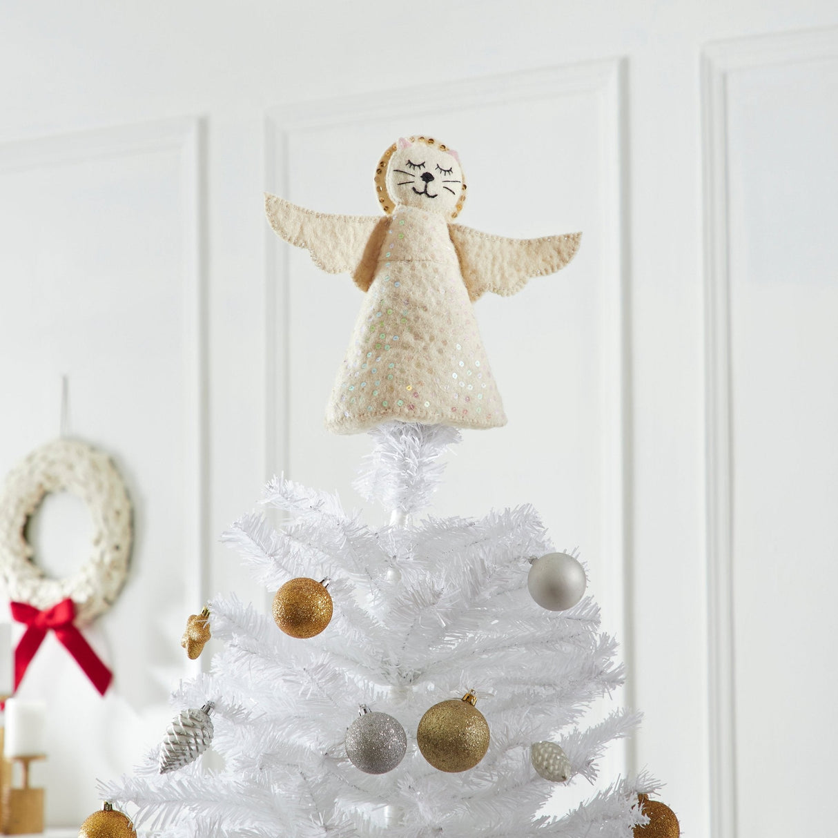 Handmade Cat Angel Felt Christmas Tree Topper Cream Arcadia Home