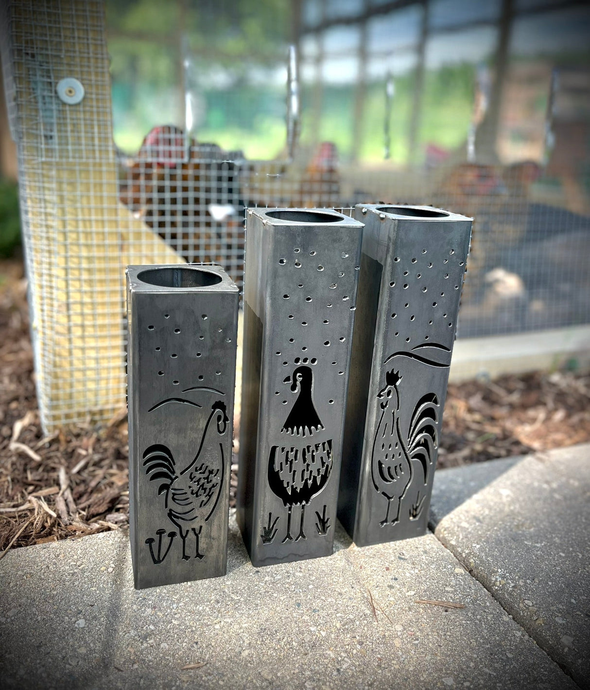 Chicken Coop Trio Luminary Pillars w/ Solar Cap