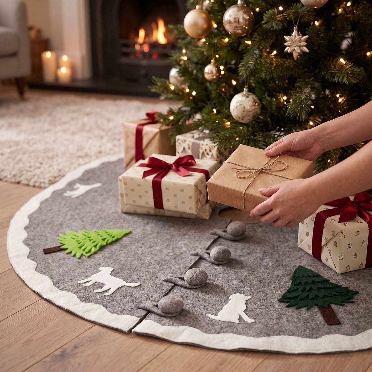 Cream Dogs and Green Trees Christmas Tree Skirt Gray Hand Felted Wool - 60" / 72"