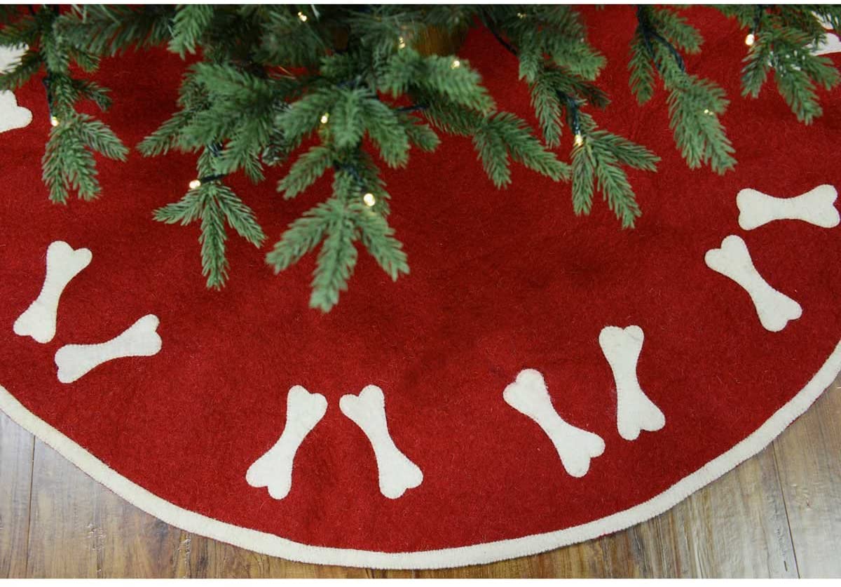 Dog Bones Red Christmas Tree Skirt Hand Felted Wool - 22" / 60" Arcadia Home