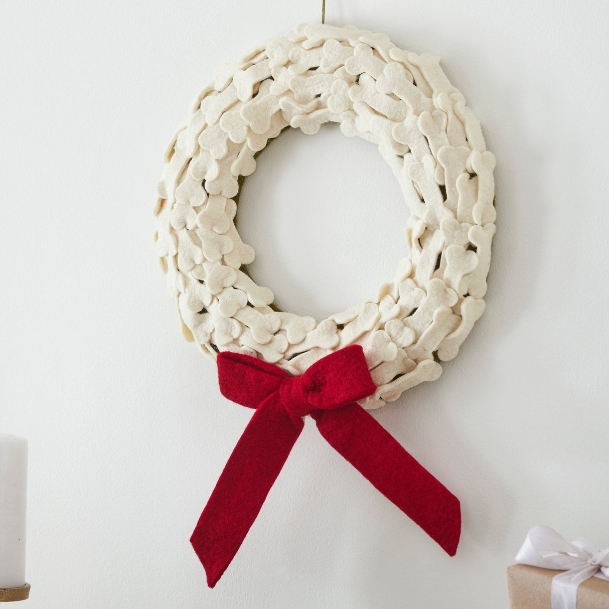 Dog Bones Red Bow Handmade Hand Felted Wool Wreath - 14" Arcadia Home