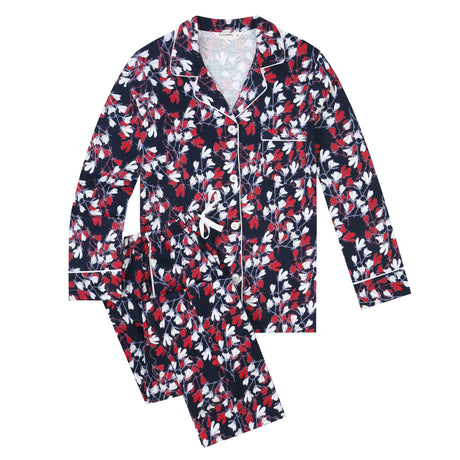 Flannel Women Pajamas Set, Navy & Red Magnolia